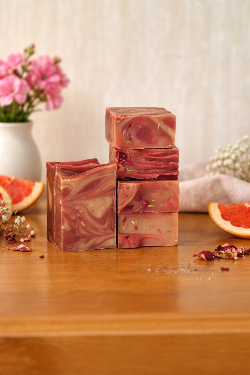Stack of pink and red marbled soap bars on a wooden surface with flowers and fruit in the background.