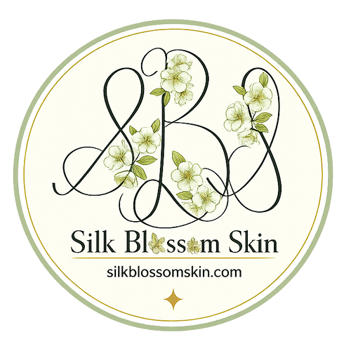 Logo for Silk Blossom Skin with floral elements on a white background