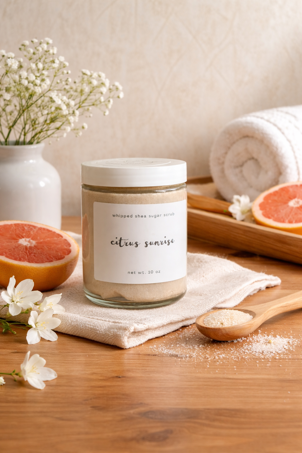 Jar of 'Citrus Sunrise' body scrub on a wooden surface with grapefruit and flowers.